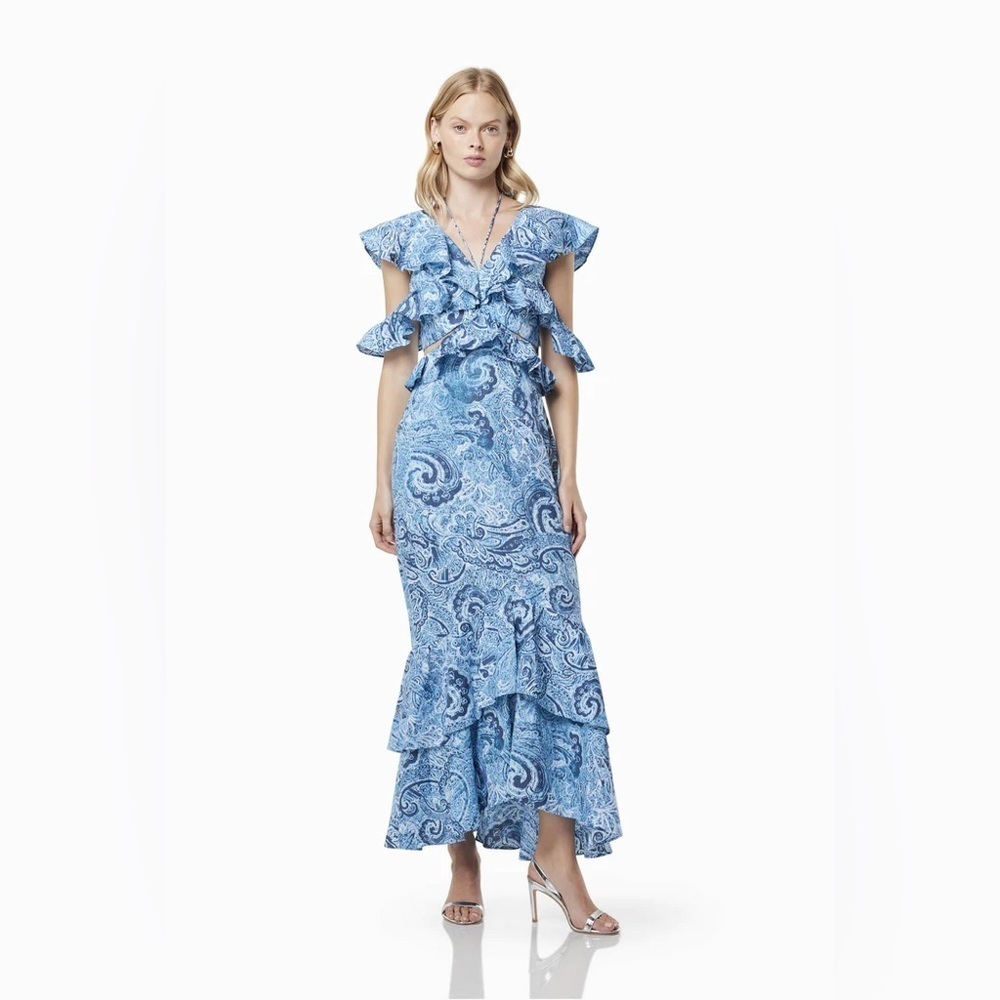 Elliatt Snow Printed Linen Gown Blue Floral Wedding Guest Vacation Summer - Picture 2 of 8
